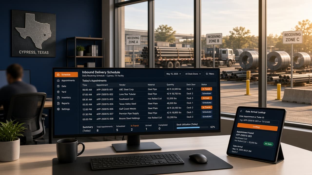 Dockvera scheduling and gate screens in a plant receiving office overlooking the yard