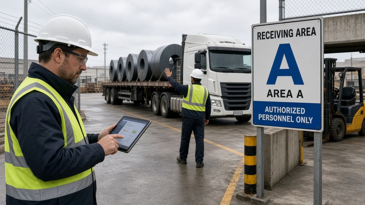 Receiving worker with a tablet directing a pipe flatbed to a labeled outdoor area