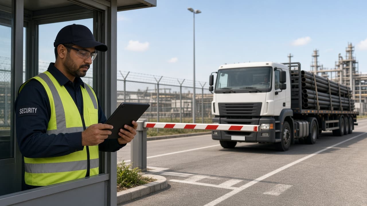 Security officer at the gate using a tablet while an inbound truck waits