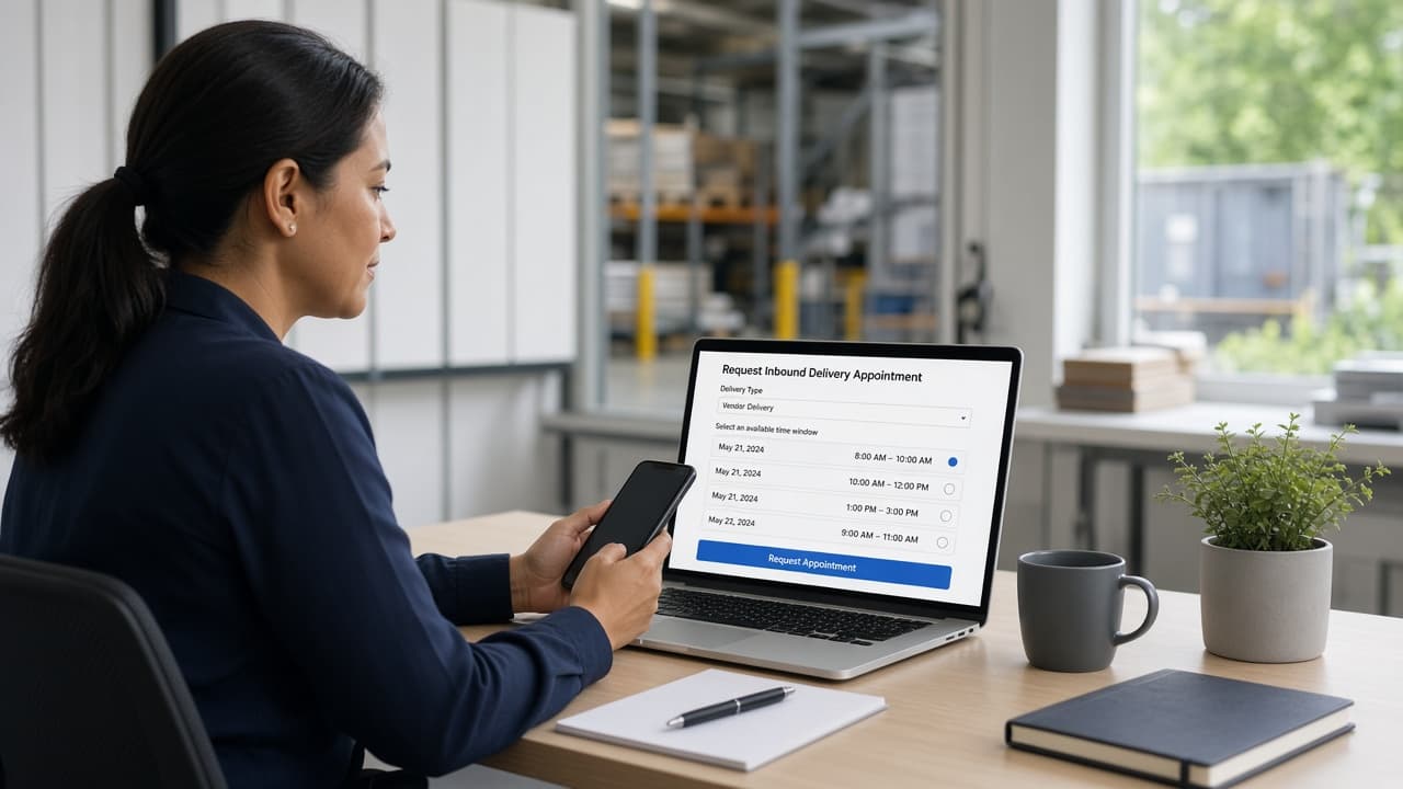 Vendor coordinator scheduling an inbound delivery appointment on a laptop